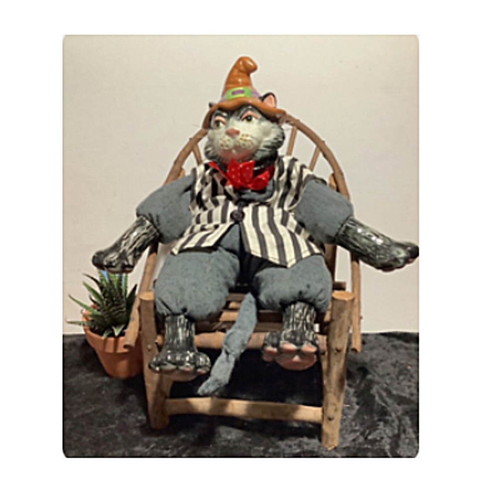 Vintage Folk Art Ceramic Cat Doll sitting on a  Bent Wood Chair